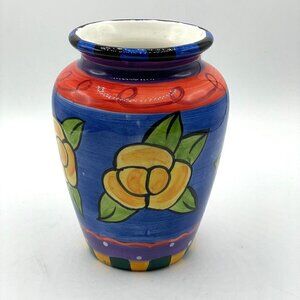 Milson & Louis Hand Painted Flower Vase Cobalt Blue Yellow Flowers Red Rim 6"